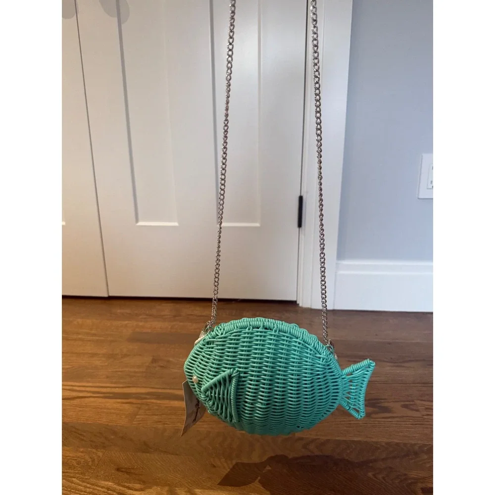 Tommy Bahama Teal Woven Wicker Fish Crossbody Bag Beaded Handle Novelty Clutch